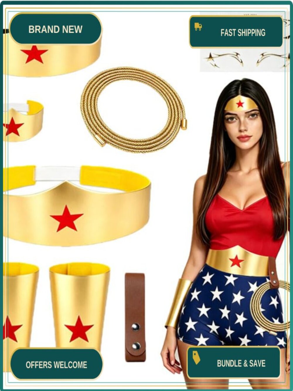 7-Piece Costume Accessory Set Gold Bronzing Cloth Tiara Belt Cuffs Lasso